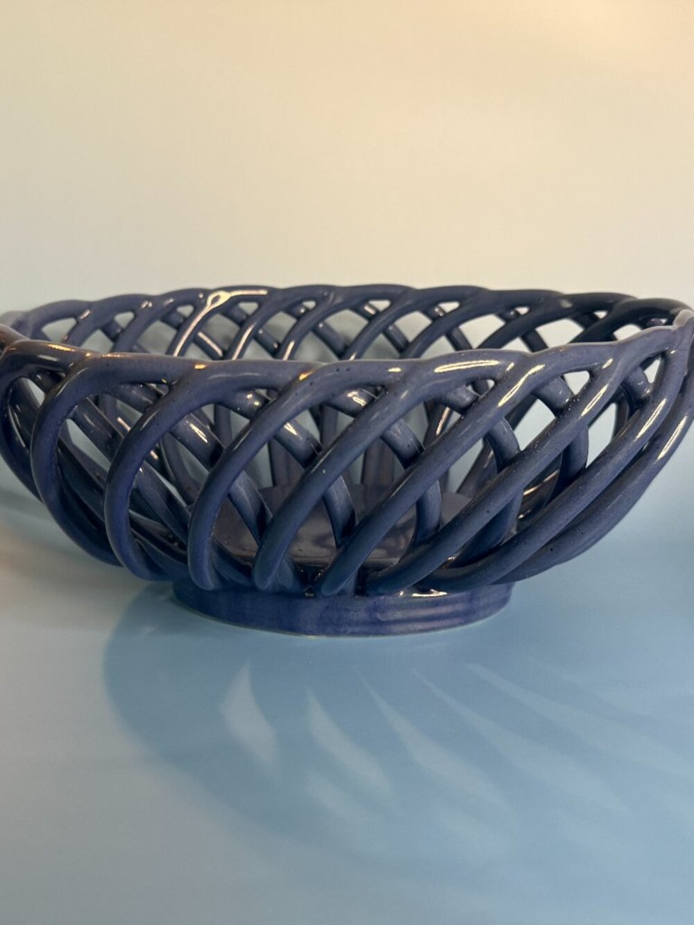 Eucalyptus Stoneware Ceramic Basket Bread Fruit Bowl 10”x 8" Blue Open Weave(003